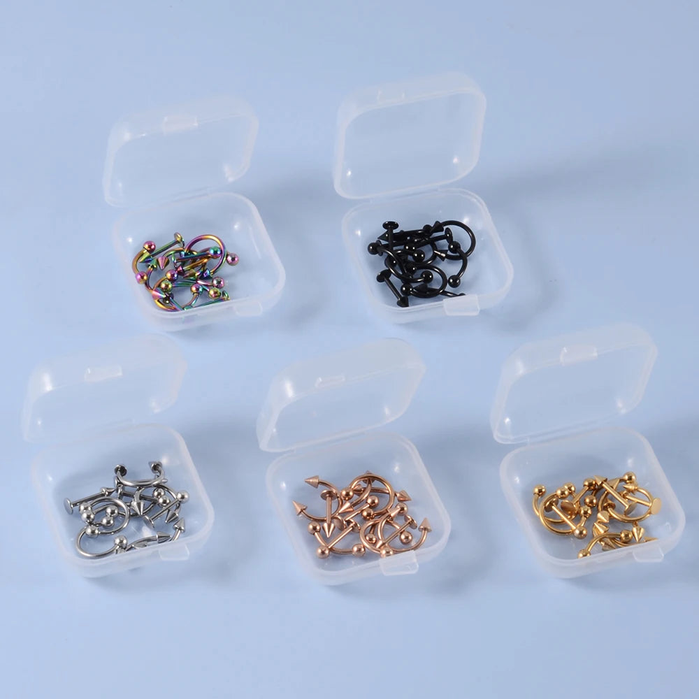A set of 12 pieces of surgical steel, suitable for ear, nose, eyebrow and lip piercings.