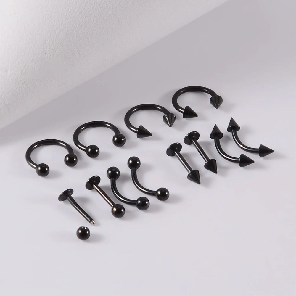 A set of 12 pieces of surgical steel, suitable for ear, nose, eyebrow and lip piercings.