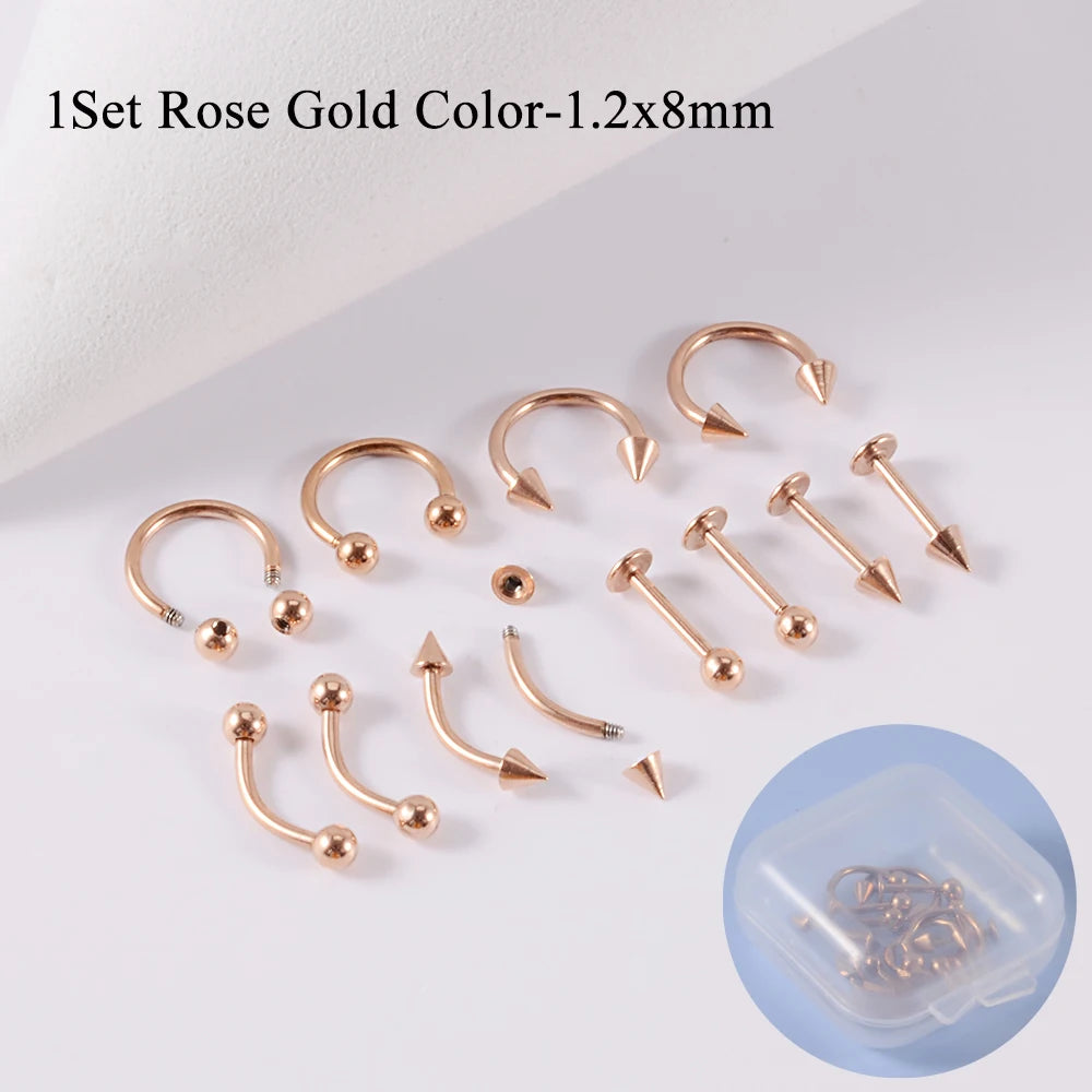 A set of 12 pieces of surgical steel, suitable for ear, nose, eyebrow and lip piercings.