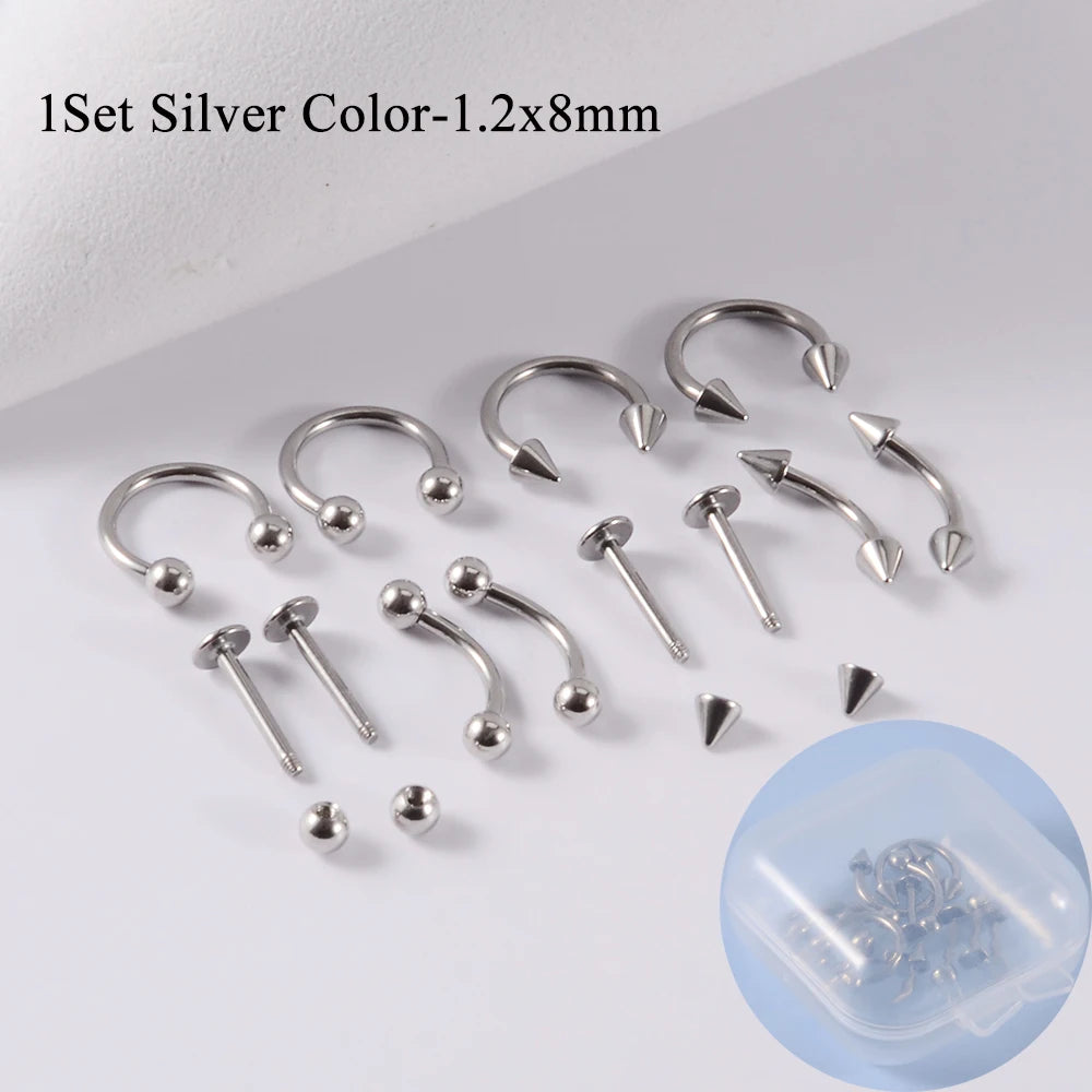 A set of 12 pieces of surgical steel, suitable for ear, nose, eyebrow and lip piercings.