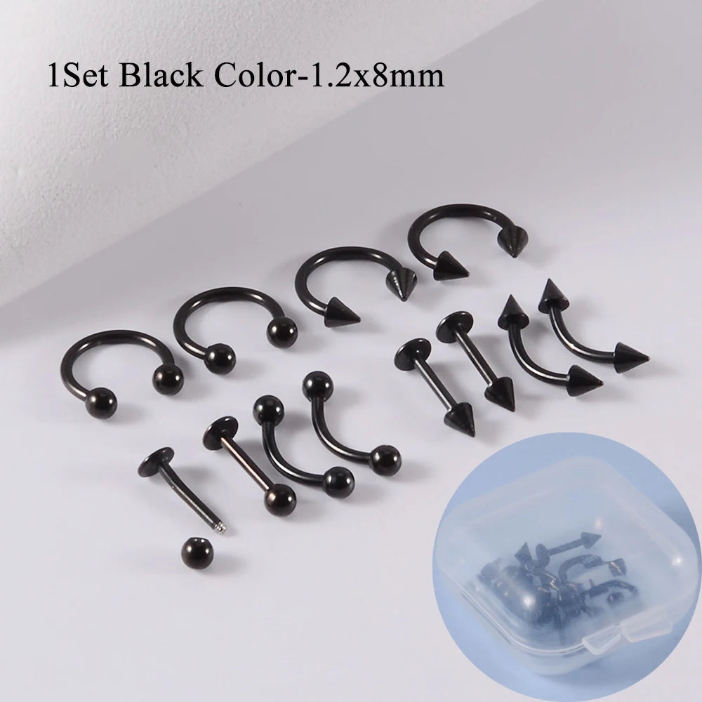 A set of 12 pieces of surgical steel, suitable for ear, nose, eyebrow and lip piercings.
