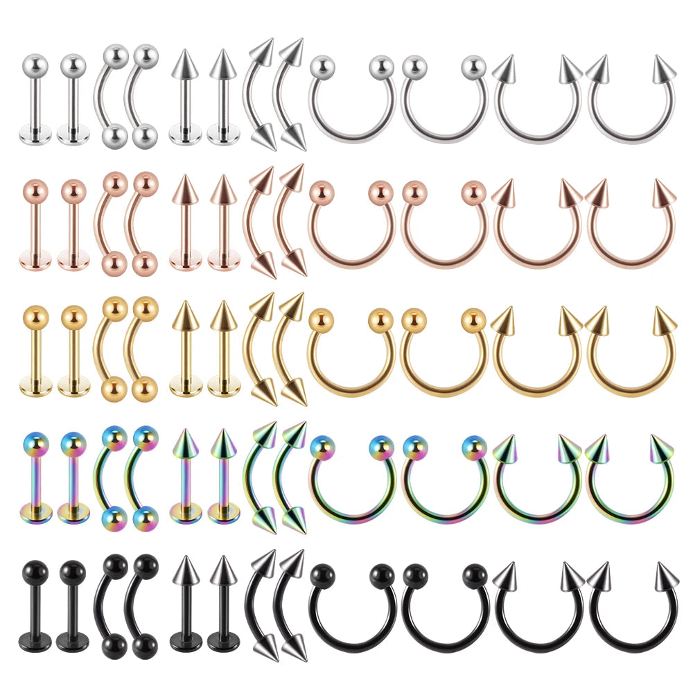 A set of 12 pieces of surgical steel, suitable for ear, nose, eyebrow and lip piercings.