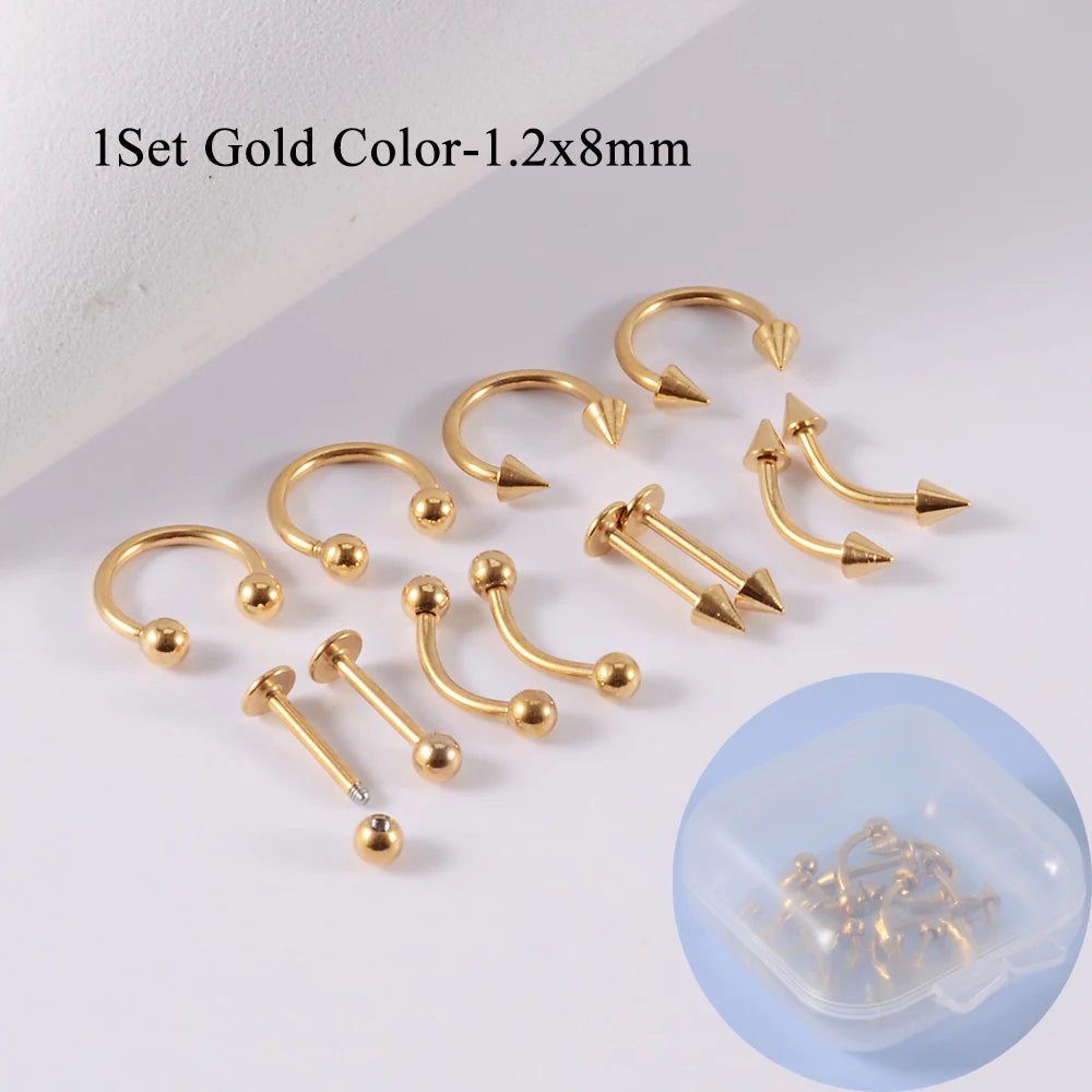 A set of 12 pieces of surgical steel, suitable for ear, nose, eyebrow and lip piercings.