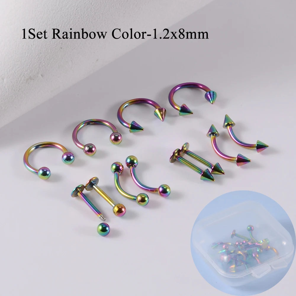 A set of 12 pieces of surgical steel, suitable for ear, nose, eyebrow and lip piercings.